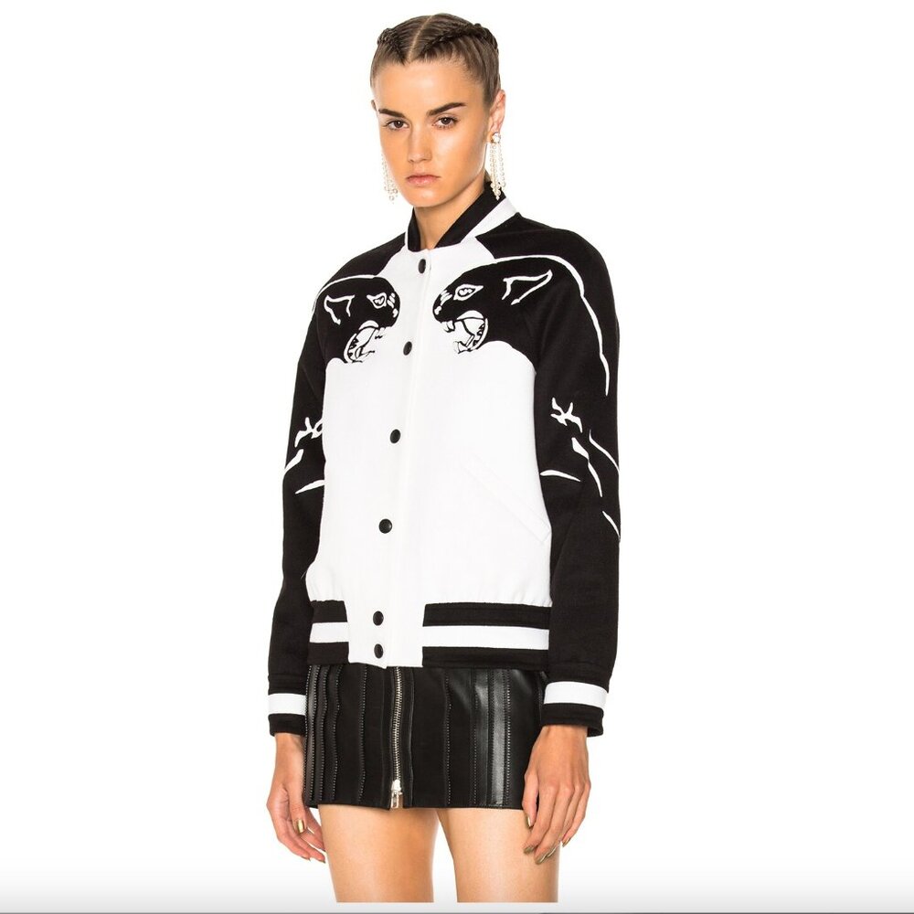 Valentino Buibbino Ricamato Panther Varsity Jacket Wool Cashmere Ivory Black 38
